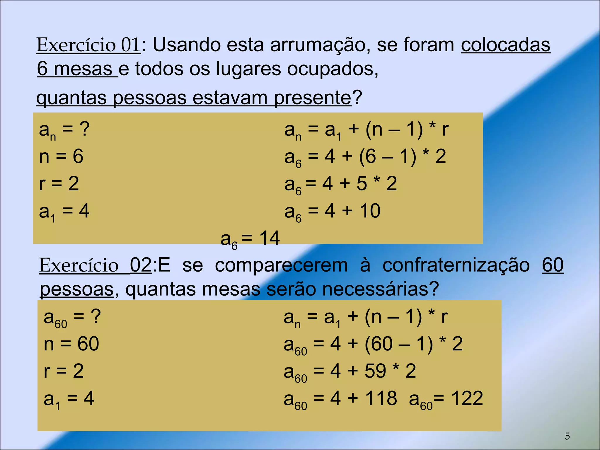 Exercício 01: Usando esta arrumação, se foram colocadas
6 mesas e todos os lugares ocupados,
quantas pessoas estavam presente?
5
an = ? an = a1 + (n – 1) * r
n = 6 a6 = 4 + (6 – 1) * 2
r = 2 a6 = 4 + 5 * 2
a1 = 4 a6 = 4 + 10
a6 = 14
Exercício 02:E se comparecerem à confraternização 60
pessoas, quantas mesas serão necessárias?
a60 = ? an = a1 + (n – 1) * r
n = 60 a60 = 4 + (60 – 1) * 2
r = 2 a60 = 4 + 59 * 2
a1 = 4 a60 = 4 + 118 a60= 122
 
