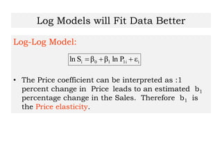 Log Models will Fit Data Better
Log-Log Model:
• The Price coefficient can be interpreted as :1
percent change in Price leads to an estimated b1
percentage change in the Sales. Therefore b1 is
the Price elasticity.
i1i10i εPlnββSln 
 