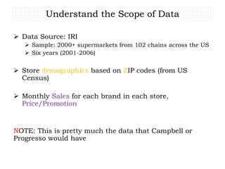 Understand the Scope of Data
 Data Source: IRI
 Sample: 2000+ supermarkets from 102 chains across the US
 Six years (2001-2006)
 Store demographics based on ZIP codes (from US
Census)
 Monthly Sales for each brand in each store,
Price/Promotion
NOTE: This is pretty much the data that Campbell or
Progresso would have
 