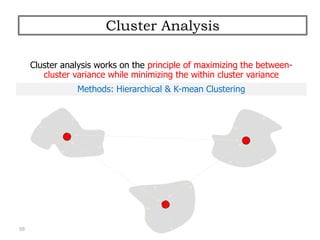 59
Cluster Analysis
Cluster analysis works on the principle of maximizing the between-
cluster variance while minimizing the within cluster variance
Methods: Hierarchical & K-mean Clustering
 