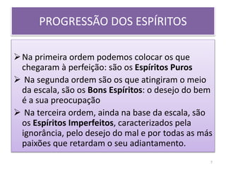 Na primeira ordem podemos colocar os que
chegaram à perfeição: são os Espíritos Puros
 Na segunda ordem são os que atingiram o meio
da escala, são os Bons Espíritos: o desejo do bem
é a sua preocupação
 Na terceira ordem, ainda na base da escala, são
os Espíritos Imperfeitos, caracterizados pela
ignorância, pelo desejo do mal e por todas as más
paixões que retardam o seu adiantamento.
PROGRESSÃO DOS ESPÍRITOS
7
 