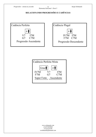 Progressões – Assista no you tube Sergio Solimando
Harmonia Funcional – Parte 5
www.solimando.com
(11)975929948
(11)32225530
srsolimando@hotmail.com
5
RELACIONANDO PROGRESSÕES E CADÊNCIAS
 
