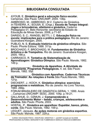 CURSO: EDUCAÇÃO FÍSICA - DISCIPLINA: GINÁSTICA 1 - set/2007 revisado em fev/2008
PROFESSORES AUTORES: MARGARETH DE P.AMBROSIO E MARCUS VINICIUS B.AMBROSIO
 AYOUB, E. Ginástica geral e educação física escolar.
Campinas, São Paulo: UNICAMP, 2004. 136p.
 AMBROSIO, M.; AMBROSIO, M.V. Caderno de Ginástica.
In:TEIXEIRA, A.; SOUSA, E. (Orgs.). Escola de Tempo Integral:
Jogos e brincadeiras, atletismo e ginástica. Caderno
Pedagógico 01. Belo Horizonte: secretaria de Estado de
Educação de Minas Gerais. 2008, p.71-97.
 DARIDO, S. C.; RANGEL BETTI, I. C. Educação física na
escola: implicações para a prática pedagógica. Rio de Janeiro:
Guanabara-Koogan, 2005.
 PUBLIO, N. S. Evolução histórica da ginástica olímpica. São
Paulo: Phorte Editora, 1998. 311p.
 BROCHADO, F; BROCHADO, M. Fundamentos de Ginástica
Artística e de Trampolins. Rio de Janeiro: Guanabara Koogan,
2005. 166 p.
 CARRASCO, R. Tentativa de Sistematização da
Aprendizagem: Ginástica Olímpica. São Paulo: Manole, 1982.
149 p.
 _____________. Ginástica de Aparelhos. A Atividade do
principiante. Programas Pedagógicos. 4. ed. São Paulo:
Manole, 1982. 55p.
 _____________. Ginástica com Aparelhos. Cadernos Técnicos
do Treinador. As rotações à frente.São Paulo:Manole, 1983.
121p.
 DIECKERT, J.; KOCH, K. Ginástica olímpica: exercícios
progressivos e metódicos. Rio de Janeiro: Ao Livro Técnico,
1984. 266p.
 FÓRUM BRASILEIRO DE GINÁSTICA GERAL 1. 1999. Anais
...Campinas:UNICAMP: SESC, 2000. 104p. p.19-21.
 GALLAHUE, D.; OZMUN, J. Compreendendo o
Desenvolvimento Motor – bebês, crianças, adolescentes e
adultos. São Paulo: Phorte, 2003.
 HOSTAL, P.. Ginástica em aparelhos: Espaldar, banco, plinto,
corda. São Paulo: Manole, 1982. 159 p.
 LEGUET, Jacques. As ações motoras em ginástica esportiva.
São Paulo: Manole, 1987. 229 p.
BIBLIOGRAFIA CONSULTADA
 