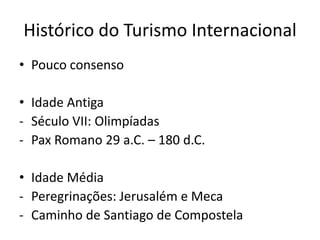 Histórico do Turismo Internacional
• Pouco consenso

• Idade Antiga
- Século VII: Olimpíadas
- Pax Romano 29 a.C. – 180 d.C.

• Idade Média
- Peregrinações: Jerusalém e Meca
- Caminho de Santiago de Compostela
 