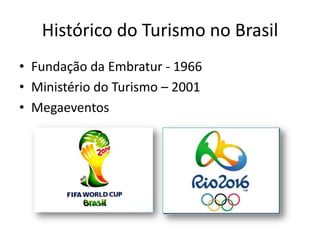 Histórico do Turismo no Brasil
• Fundação da Embratur - 1966
• Ministério do Turismo – 2001
• Megaeventos
 