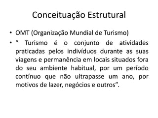 Conceituação Estrutural
• OMT (Organização Mundial de Turismo)
• “ Turismo é o conjunto de atividades
  praticadas pelos indivíduos durante as suas
  viagens e permanência em locais situados fora
  do seu ambiente habitual, por um período
  contínuo que não ultrapasse um ano, por
  motivos de lazer, negócios e outros”.
 