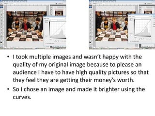 • I took multiple images and wasn’t happy with the
quality of my original image because to please an
audience I have to have high quality pictures so that
they feel they are getting their money’s worth.
• So I chose an image and made it brighter using the
curves.
 