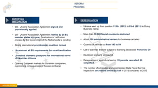 14
EUROPEAN
INTEGRATION
• EU - Ukraine Association Agreement signed and
provisionally applied
• EU - Ukraine Association Agreement ratified by 28 EU
member states in a year. Finalization of ratification
process by the Government of the Netherlands is pending
• Strong international pro-Ukrainian coalition formed
• Ukraine met all EU requirements for visa-liberalization
• Launched biometric passports for international travel
of Ukrainian citizens
• Opening European markets for Ukrainian companies,
overcoming consequences of Russian embargo
DEREGULATION
• Ukraine went up from position 112th (2013) to 83rd (2015) in Doing
Business rating
• More than 15,000 Soviet standards abolished
• About 100 administrative barriers for business canceled
• Quantity of permits cut from 143 to 84
• List of activities that are subject to licensing decreased from 56 to 30
• Electronic licensing introduced
• Deregulation in agricultural sector: 28 permits cancelled, 28
simplified
• The number of scheduled and unscheduled State Fiscal Service
inspections decreased almost by half in 2015 compared to 2013
REFORM
PROGRESS
 