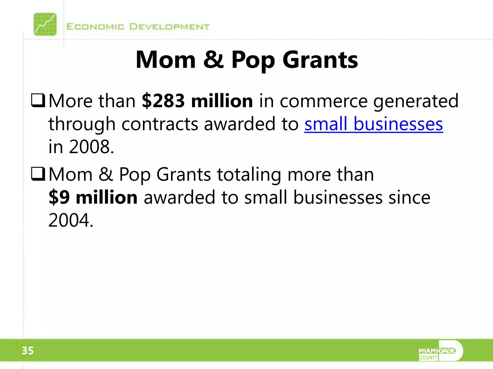 Mom & Pop Grants
 More than $283 million in commerce generated
  through contracts awarded to small businesses
  in 2008.
 Mom & Pop Grants totaling more than
  $9 million awarded to small businesses since
  2004.




35
 