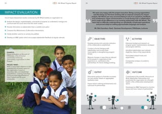 We were very happy with the project execution. Being a young organization
and this being our ﬁrst time working with an external company for impact
analysis, 4th Wheel was very accommodating to all of our questions, feedback,
and contributions. Open communication is crucial during such a collaboration
and it made all the difference in our working relationship with 4th Wheel. The
team had no difﬁculty understanding our admittedly complicated operations
and proved adept at crafting approachable language and analysis.
Mr. Nick Saunders, Head - Business Development, FifthEstate, Lucknow
“
“
OBJECTIVES
OUTPUT
ACTIVITIES
OUTCOME
Develop process and outcome indicators
of the collaborations established.
Conduct a formal dialogue with
stakeholders and involve them
meaningfully in strengthening program
design.
Measure changes in ways that are relevant
to the people or organizations that
experience or contribute to the
partnerships, for future strategy building.
Extensive background research on
program goals, implementation strategies
and program delivery.
Identiﬁed stakeholders and outlined
eligibility criteria of key respondents.
Formulated research tools and
experiments.
Comparative analysis of academic
principles.
Descriptive analysis to illustrate successes
via case studies, based on aggregated
qualitative data.
Impact report outlining achievements and
outcomes of partnerships.
Contributed to the scientiﬁc discourse on
Multi Stakeholder Partnerships and
positioned the organisation as a thought
leader in the collaborative development
space.
Developed an M&E framework to monitor,
assess and trace impact of partnerships.
EXAMPLE:
Impact evaluation on the work of
FifthEstate, a ﬁrst of its kind
‘partnership brokering’
intermediary organisation in Uttar
Pradesh.
PROJECT BRIEF:
Make a reasonable inference on the
potential and achieved impact of
the organisation based on
secondary data and stakeholder
consultations, covering more than
25 Government departments of
Uttar Pradesh and 30 social
enterprises.
Analyse the design, implementation, and results of projects, to understand, manage and
communicate the social value that their work creates.
Provide information to stakeholders that is credible and useful.
Compare the effectiveness of alternative interventions.
Clarify whether costs for an activity are justiﬁed.
Develop an M&E system which encourages stakeholder feedback at regular intervals.
Social Impact Assessment studies conducted by 4th Wheel enables an organisation to:
IMPACT EVALUATION
23 4th Wheel Progress Report 24 4th Wheel Progress Report
 