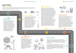 In the last six years, we came across numerous eye-openers against which we analysed our own work,
and have come to better understand the complexity of development projects. Consequently, our focus
and range of services has expanded over the years.
2010-2011
2012-2013 2015-2016
2011-2012
In 2010, we started our journey
with the vision of Corporate Social
Responsibility (CSR) projects
designed and implemented in a
more effective way. When working
with inﬂuential corporate houses,
we had seen tremendous potential
in the power of CSR. We learned
that programs need to be better
aligned to a company's core
competencies and strategies of
other development actors, to
achieve the desired impact.
Aligning CSR programs as closely
as possible with the company’s
core, in 2012, 4th Wheel started
its own employee engagement
program: The Plan and Participate
Project! Over eight different
training sessions were conducted
with Ahmedabad-based
corporates and more than 300
employees were connected with
local NGOs for volunteering
opportunities.
Consequently, in 2015 we set up Fourth Wheel Social
Impact Pvt. Ltd. (4WSI) a 4th Wheel sister concern that aims
to establish itself as a ‘thought leader’ in the social impact
space, with a focus on technology and multi-stakeholder
partnerships.
Today, the 4th Wheel and 4WSI envision to improve and
strengthen development programs, and to aid the
achievement of maximum social impact by offering four key
services of Baseline Research, Communication For
Development (Com4Dev), Capacity Development and
Impact Evaluation.
In 2011, CSR and the discourse on
sustainability were still blank books
that needed to be ﬁlled with
informed considerations, well-
designed processes in terms of
implementation and both local and
global case studies to showcase its
potential. That year, 4th Wheel
conducted numerous trainings and
spoke at various conferences to
spread their social message on
strengthening CSR programs,
based on collective action of
varied stakeholders.
2013-2014
In 2013, we focussed on identifying best
practices from all over the country and
engaged with prominent companies and
NGOs by documenting their work in project
reviews or annual reports. Aiming at reﬂecting
reality as much as possible, and grasping all
voices involved, we took up participatory ﬁeld
research methods and collaborated with a
number of organisations. We also conducted
our ﬁrst impact assessment, applying the
Social Return on Investment framework on
education initiatives in rural Gujarat.
Building on these experiences, our team
noticed that it’s not the willingness or
motivation of organizations that is missing but
rather the profound knowledge of ground
realities. Since then we have felt an integral
aspect to achieve tangible and lasting social
impact is high quality baseline data,
strengthened capacities of implementation
personnel, effective reporting and ongoing
monitoring and evaluation of projects.
2014-2015
From 2014 on, a lot of energy went into
ﬁnding solutions on how to gather data and
transform it into measurable and
understandable results. During numerous
research projects, we could expand our
range of methodologies, constantly
contextualizing them to ground realities. At
that time, we discovered that incorporating
Information and Communication Technology
(ICT) in Monitoring & Evaluation (M&E) of
programs had tremendous potential to
bring new voices and broader participation
in program implementation, at reduced
costs.
OUR STORY
5 4th Wheel Progress Report 6 4th Wheel Progress Report
 