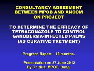 Progress report 18 months - efficacy of tetraconazole to control ganoderma infected palms