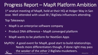 © 2010-2016 HMCC & Constellation Research, Inc. All rights reserved. 1#MapR16
Progress Report – MapR Platform Ambition
MyPOV: A good event for MapR, good start to build relationships.
Needs more differentiators though, if done right may pass
the weaker of the other 2 BigData musketeers.
1st analyst meeting of MapR, held at their HQ at Holger Way in San
Jose. Well attended with usual BI / BigData influencers attending.
Top Takeaways
• MapR is an enterprise software company
• Product DNA difference – MapR converged platform
• MapR wants to be platform for NextGen Apps
 