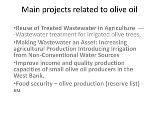 Main projects related to olive oil

•Reuse of Treated Wastewater in Agriculture ---
-Wastewater treatment for irrigated olive trees,
•Making Wastewater an Asset: Increasing
agricultural Production Introducing Irrigation
from Non-Conventional Water Sources
•Improve income and quality production
capacities of small olive oil producers in the
West Bank.
•Food security – olive production (reserve list) -
eu
 