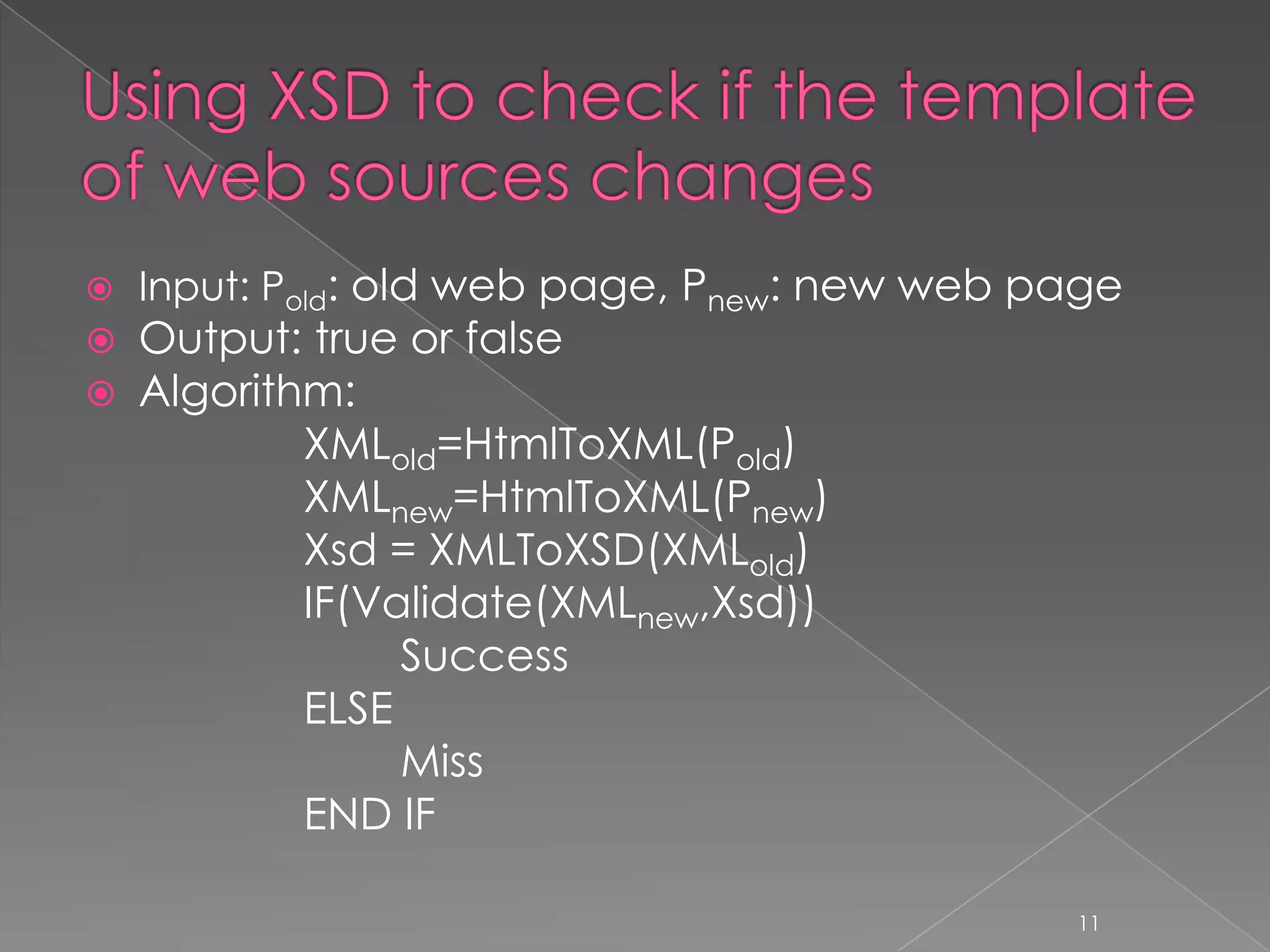    Input: Pold: old web page, Pnew: new web page
   Output: true or false
   Algorithm:
            XMLold=HtmlToXML(Pold)
            XMLnew=HtmlToXML(Pnew)
            Xsd = XMLToXSD(XMLold)
            IF(Validate(XMLnew,Xsd))
                 Success
            ELSE
                 Miss
            END IF

                                              11
 