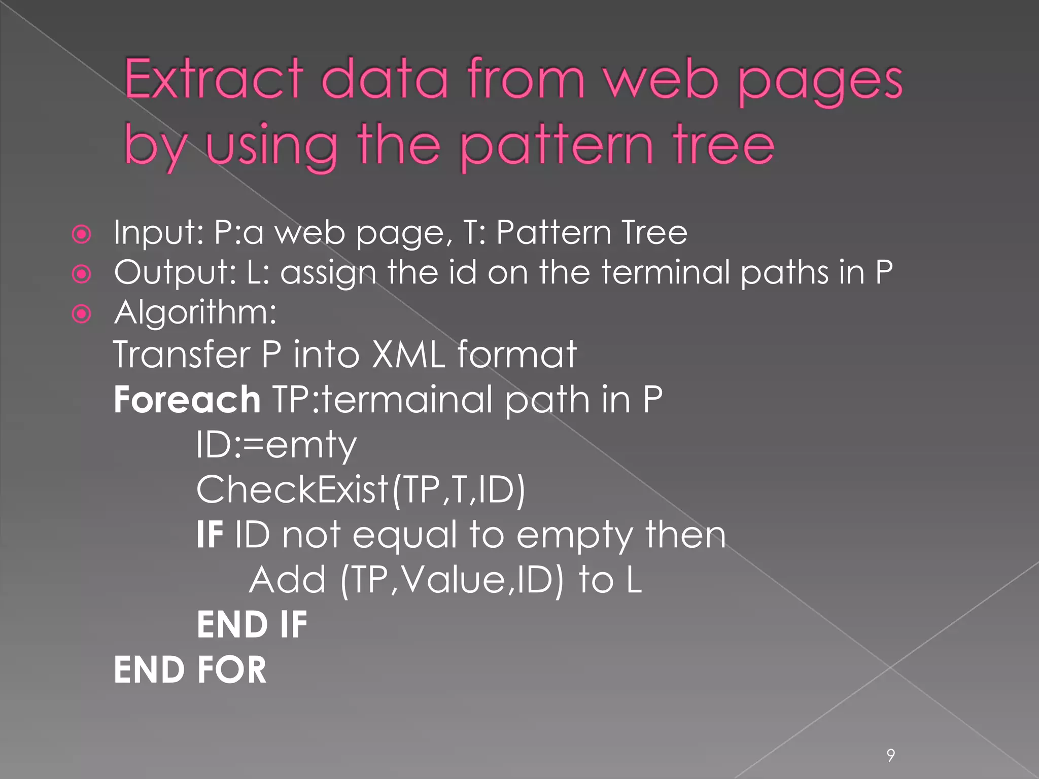    Input: P:a web page, T: Pattern Tree
   Output: L: assign the id on the terminal paths in P
   Algorithm:
    Transfer P into XML format
    Foreach TP:termainal path in P
        ID:=emty
        CheckExist(TP,T,ID)
        IF ID not equal to empty then
            Add (TP,Value,ID) to L
        END IF
    END FOR

                                                      9
 