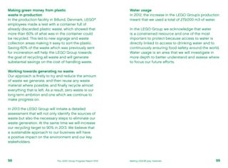 Making green money from plastic
waste in production
In the production facility in Billund, Denmark, LEGO®
employees made a test with a container full of
already discarded plastic waste, which showed that
more than 60% of what was in the container could
be recycled. This led to new signage and waste
collection areas making it easy to sort the plastic.
Saving 60% of the waste which was previously sent
for incineration will help the LEGO Group towards
the goal of recycling all waste and will generate
substantial savings on the cost of handling waste.
Working towards generating no waste
Our approach is firstly to try and reduce the amount
of waste we generate, and then reuse any waste
material where possible, and finally recycle almost
everything that is left. As a result, zero waste is our
long term ambition and one which we continue to
make progress on.
In 2013 the LEGO Group will initiate a detailed
assessment that will not only identify the sources of
waste but also the necessary steps to eliminate our
waste generation. At the same time we will increase
our recycling target to 90% in 2013. We believe that
a sustainable approach to our business will have
a positive impact on the environment and our key
stakeholders.
Water usage
In 2012, the increase in the LEGO Group’s production
meant that we used a total of 279,000 m3 of water.
In the LEGO Group we acknowledge that water
is a constrained resource and one of the most
important to protect because access to water is
directly linked to access to drinking water and to
continuously ensuring food safety around the world.
Water usage is an area that we will investigate in
more depth to better understand and assess where
to focus our future efforts.
99The LEGO Group Progress Report 2012 Making LEGO® play materials98
 