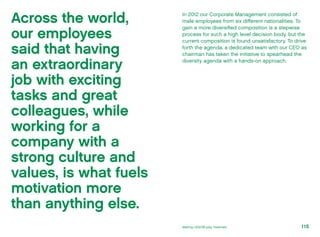 In 2012 our Corporate Management consisted of
male employees from six different nationalities. To
gain a more diversified composition is a stepwise
process for such a high level decision body, but the
current composition is found unsatisfactory. To drive
forth the agenda, a dedicated team with our CEO as
chairman has taken the initiative to spearhead the
diversity agenda with a hands-on approach.
Across the world,
our employees
said that having
an extraordinary
job with exciting
tasks and great
colleagues, while
working for a
company with a
strong culture and
values, is what fuels
motivation more
than anything else.
115Making LEGO® play materials
 