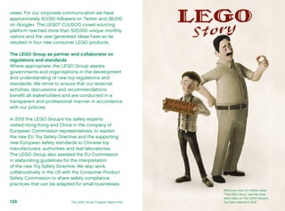 views. For our corporate communication we have
approximately 50,000 followers on Twitter and 38,000
on Google+. The LEGO®
CUUSOO crowd sourcing
platform reached more than 500,000 unique monthly
visitors and the user generated ideas have so far
resulted in four new consumer LEGO products.
The LEGO Group as partner and collaborator on
regulations and standards
Where appropriate, the LEGO Group assists
governments and organisations in the development
and understanding of new toy regulations and
standards. We strive to ensure that our external
activities, discussions and recommendations
benefit all stakeholders and are conducted in a
transparent and professional manner in accordance
with our policies.
In 2012 the LEGO Group’s toy safety experts
visited Hong Kong and China in the company of
European Commission representatives, to explain
the new EU Toy Safety Directive and the supporting
new European safety standards to Chinese toy
manufacturers, authorities and test laboratories.
The LEGO Group also assisted the EU Commission
in elaborating guidelines for the interpretation
of the new Toy Safety Directive. We also work
collaboratively in the US with the Consumer Product
Safety Commission to share safety compliance
practices that can be adapted for small businesses.
With more than 3.2 million views
“The LEGO Story” was the most
seen video on The LEGO Group’s
YouTube channel in 2012.The LEGO Group Progress Report 2012124
 