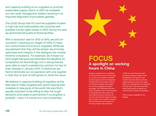 and capacity building of our suppliers to promote
sustainable supply chains. In 2012 we reviewed
our own audit management system resulting in an
improved alignment of processes globally.
The LEGO Group had 70 core-line suppliers located
in high-risk and intermediate-risk countries with
possible human rights issues in 2012. During the year
we performed 44 audits at these facilities.
With a resolution rate for 2012 at 90%, we did not
succeed in resolving our target of 100% of major
non conformities found at our suppliers. While we
are adamant that they will be solved, we prioritise
openness and integrity in the dialogue over simple
timeline compliance. For example, we missed our
2012 target because we extended the deadline for
compliance for five findings, but in doing that we
were able to reach a satisfactory solution for two of
them already in January 2013. Furthermore we
had to terminate our co-operation with one supplier
in Asia due to lack of willingness to solve the issue.
We believe in capacity-building of suppliers as the
best way to make progress and avoid copying past
mistakes to new parts of the world. We also find it
equally important to be willing to take the tough
decisions and cease a partnership if no progress is
possible – even if it comes at a cost to business.
FOCUS
A spotlight on working
hours in China
Working conditions at our suppliers
in China continues to be a focus area
for us and we do whatever possible
to build capacity and be transparent.
The Pearl River delta where most of
our Chinese suppliers are situated
is currently struggling with labour
shortages. This combined with even
more competition due to the slowdown
of the global economy means, the
issue seems to be as important as
ever. We also find that migrant workers
want to work more in order to support
their families and not be away from
home any longer than necessary.
In 2012 our commitment to safe
and good working conditions was
strengthened. We issued a new
Code of Conduct which we will be
implementing now and in the years
ahead. Our requirement of a maximum
working week of 60 hours has been
made more explicit as well as our
commitment to proper remuneration.
The full code is available on our
website.
The LEGO Group Progress Report 2012138
 