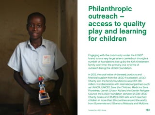 Engaging with the community under the LEGO®
brand is to a very large extent carried out through a
number of foundations set up by the Kirk Kristiansen
family over time; the primary one in terms of
outreach being the LEGO Foundation.
In 2012, the total value of donated products and
financial support from the LEGO Foundation, LEGO
Charity and the family foundations was DKK 148
million. In collaboration with international partners such
as UNHCR, UNICEF, Save the Children, Médicins Sans
Frontiéres, Danish Church Aid and the Danish Refugee
Council, the LEGO Foundation donated 21,030 LEGO
Charity boxes and 36,470 LEGO sets which reached
children in more than 90 countries around the world,
from Guatemala and Ghana to Malaysia and Moldova.
Philanthropic
outreach –
access to quality
play and learning
for children
153Outside the LEGO Group
 