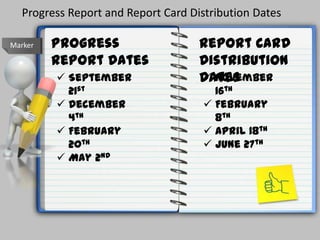 Progress Report and Report Card Distribution Dates

Marker   Progress                   Report Card
         Report Dates               Distribution
          September                Dates
                                     November
           21st                       16th
          December                  February
           4th                        8th
          February                  April 18th
           20th                      June 27th
          May 2nd
 