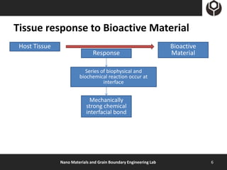 Tissue response to Bioactive Material
 Host Tissue                                                       Bioactive
                               Response                            Material

                          Series of biophysical and
                        biochemical reaction occur at
                                  interface


                              Mechanically
                            strong chemical
                            interfacial bond




               Nano Materials and Grain Boundary Engineering Lab               6
 