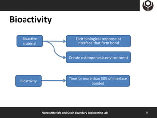 Bioactivity
   Bioactive                             Elicit biological response at
   material                               interface that form bond


                                   Create osteogenesis environment



                                    Time for more than 50% of interface
  Bioactivity
                                                 bonded




                Nano Materials and Grain Boundary Engineering Lab         9
 