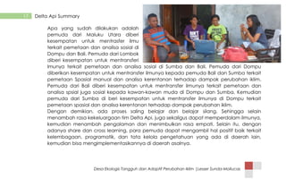 Desa Ekologis Tangguh dan Adaptif Perubahan Iklim |Lesser Sunda-Mollucas
17 Delta Api Summary
Apa yang sudah dilakukan adalah
pemuda dari Maluku Utara diberi
kesempatan untuk mentrasfer ilmu
terkait pemetaan dan analisa sosial di
Dompu dan Bali. Pemuda dari Lombok
diberi kesempatan untuk mentransferi
lmunya terkait pemetaan dan analisa sosial di Sumba dan Bali. Pemuda dari Dompu
diberikan kesempatan untuk mentransfer ilmunya kepada pemuda Bali dan Sumba terkait
pemetaan Spasial manual dan analisa kerentanan terhadap dampak perubahan iklim.
Pemuda dari Bali diberi kesempatan untuk mentransfer ilmunya terkait pemetaan dan
analisa spsial juga sosial kepada kawan-kawan muda di Dompu dan Sumba. Kemudian
pemuda dari Sumba di beri kesempatan untuk mentransfer ilmunya di Dompu terkait
pemetaan spasial dan analisa kerentanan terhadap dampak perubahan iklim.
Dengan demikian, ada proses saling belajar dan belajar silang. Sehingga selain
menambah rasa kekeluargaan tim Delta Api, juga sekaligus dapat memperdalam ilmunya,
kemudian menambah pengalaman dan menimbulkan rasa empati. Selain itu, dengan
adanya share dan cross learning, para pemuda dapat mengambil hal positif baik terkait
kelembagaan, programatik, dan tata kelola pengetahuan yang ada di daerah lain,
kemudian bisa mengimplementasikannya di daerah asalnya.
 