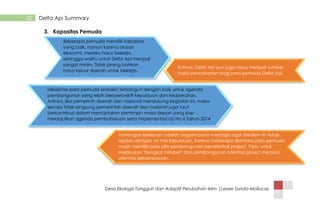 Desa Ekologis Tangguh dan Adaptif Perubahan Iklim |Lesser Sunda-Mollucas
32 Delta Api Summary
Idealisme para pemuda semakin terbangun dengan baik untuk agenda
pembangunan yang lebih berpserpektif kepulauan dan kedaerahan.
Artinya, jika pemerinth daerah dan nasional mendukung kegiatan ini, maka
secara tidak langsung pemerintah daerah dan nasional juga turut
berkontribusi dalam menciptakan pemimpin masa depan yang siap
melanjutkan agenda pembaharuan serta implementasi UU No 6 Tahun 2014
3. Kapasitas Pemuda
Artinya, Delta Api pun juga harus menjadi sumber
mata pencaharian bagi para pemuda Delta Api
Beberapa pemuda memiliki kapasitas
yang baik, namun karena alasan
ekonomi, mereka harus bekerja,
sehingga waktu untuk Delta Api menjadi
sangat minim. Tidak jarang bahkan
harus keluar daerah untuk bekerja.
Tantangan kedepan adalah bagaimaana menjaga agar idealism ini tetap
sejalan dengan visi misi kepulauan. Karena beberapa diantara para pemuda
masih memiliki pola pikir pembangunan berorientasi project. Perlu untuk
melakukan „bongkar mindset‟ dari pembangunan orientasi proect menjadi
orientasi peberdayaan.
 