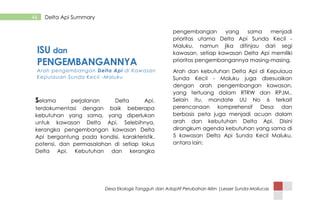 Desa Ekologis Tangguh dan Adaptif Perubahan Iklim |Lesser Sunda-Mollucas
Delta Api Summary46
Selama perjalanan Delta Api,
terdokumentasi dengan baik beberapa
kebutuhan yang sama, yang diperlukan
untuk kawasan Delta Api. Selebihnya,
kerangka pengembangan kawasan Delta
Api bergantung pada kondisi, karakteristik,
potensi, dan permasalahan di setiap lokus
Delta Api. Kebutuhan dan kerangka
pengembangan yang sama menjadi
prioritas utama Delta Api Sunda Kecil -
Maluku, namun jika ditinjau dari segi
kawasan, setiap kawasan Delta Api memiliki
prioritas pengembangannya masing-masing.
Arah dan kebutuhan Delta Api di Kepulaua
Sunda Kecil - Maluku juga disesuaikan
dengan arah pengembangan kawasan,
yang tertuang dalam RTRW dan RPJM,.
Selain itu, mandate UU No 6 terkait
perencanaan komprehensif Desa dan
berbasis peta juga menjadi acuan dalam
arah dan kebutuhan Delta Api. Disini
dirangkum agenda kebutuhan yang sama di
5 kawasan Delta Api Sunda Kecil Maluku,
antara lain:
ISU dan
PENGEMBANGANNYA
Arah pengembangan Delta Api di Kawasan
Kepulauan Sunda Kecil -Maluku
 