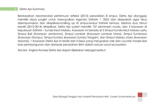 Desa Ekologis Tangguh dan Adaptif Perubahan Iklim |Lesser Sunda-Mollucas
4 Delta Api Summary
Berdasarkan rekomendasi pertemuan refleksi (2013) perwakilan 8 simpul, Delta Api dianggap
memiliki daya jungkit untuk mewujudkan Agenda SUKMA ++ 2025 dan disepakati agar terus
disempurnakan dan direplikasi-scalling up di simpul-simpul SUKMA lainnya. Selama dua tahun
berdiri (2012-2014) direplikasi, Delta Api sudah memiliki 137 pemimpin muda, dan 5 kawasan di
kepulauan SUKMA – Sunda Kecil Maluku. Kawasan ini berada di 5 Simpul Sunda kecil Maluku yaitu
Simpul Bali (Kawasan Jembrana), Simpul Lombok (Kawasan Lombok Utara), Simpul Sumbawa
(Kawasan Dompu), Simpul Sumba (kawasan Sumba Tengah), dan Simpul Maluku Utara (kawasan
Morotai). 1 Kawasan Delta Api ini terdiri dari 3 Desa yang merupakan role dan counter model dari
bias pembangunan dan dampak perubahan iklim dalam satuan socio-ecosystem.
Secara ringkas Konsep Delta Api dapat dijelaskan sebagai berikut:
 