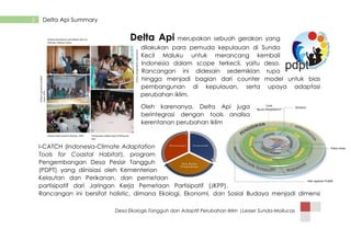 Desa Ekologis Tangguh dan Adaptif Perubahan Iklim |Lesser Sunda-Mollucas
5 Delta Api Summary
Delta Api merupakan sebuah gerakan yang
dilakukan para pemuda kepulauan di Sunda
Kecil Maluku untuk merancang kembali
Indonesia dalam scope terkecil, yaitu desa.
Rancangan ini didesain sedemikian rupa
hingga menjadi bagian dari counter model untuk bias
pembangunan di kepulauan, serta upaya adaptasi
perubahan iklim.
Oleh karenanya, Delta Api juga
berintegrasi dengan tools analisa
kerentanan perubahan Iklim
I-CATCH (Indonesia-Climate Adaptation
Tools for Coastal Habitat), program
Pengembangan Desa Pesisir Tangguh
(PDPT) yang diinisiasi oleh Kementerian
Kelautan dan Perikanan, dan pemetaan
partisipatif dari Jaringan Kerja Pemetaan Partisipatif (JKPP).
Rancangan ini bersifat holistic, dimana Ekologi, Ekonomi, dan Sosial Budaya menjadi dimensi
 