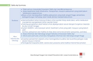 Desa Ekologis Tangguh dan Adaptif Perubahan Iklim |Lesser Sunda-Mollucas
64 Delta Api Summary
 Tidak semua masyarakat kawasan Delta Api memiliki jamkesmas
 Akses kesehatan baik infrastruktur, transportasi, maupun pelayanan yang baik belum
terlakasana sepenuhnya.
 Biaya untuk mendapatkan fasilitas pelayanan yang baik sangat tinggi, sementara
ketergantungan terhadap obat medis (kimia) menjadi kebutuhan
 Memanfaatkan lahan kosong di desa untuk apotek hidup skala desa, serta melakukan
manajemen pengelolaan lahan apotek hidup
 Training pengolahan obat herbal untuk dipergunakan sesuai dengan fungsinya kepada
ibu-ibu rumah tangga
 System SMESTA : satu kawasan sehat, treatment untuk yang sakit, maupun yang belum
sakit
Sanitasi, pelayanan dan fasilitas di stiap desa sama kecamatan (posyandu, poindes)
 Akses informasi dan teknologi sangat terbatas di kawasan Delta Api
 Minat para pemuda untuk bisa mengakses informasi dan teknologi sangat tinggi
 Investasi pemerintah daerah untuk meningkatkan kualitas dan kuantitas jaringan, baik
selular maupun internet
 Peningkatan kapasitas SDM, sarana dan prasrana serta fasilitas Internet Kecamatan
 