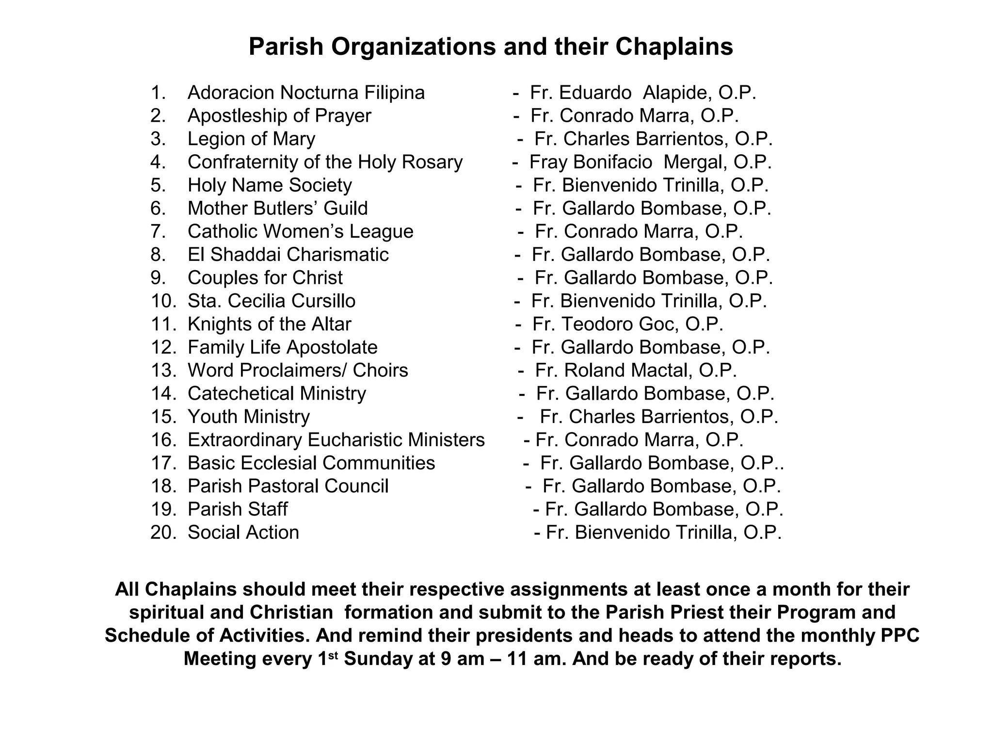 Parish Organizations and their Chaplains
1.
2.
3.
4.
5.
6.
7.
8.
9.
10.
11.
12.
13.
14.
15.
16.
17.
18.
19.
20.

Adoracion Nocturna Filipina
Apostleship of Prayer
Legion of Mary
Confraternity of the Holy Rosary
Holy Name Society
Mother Butlers’ Guild
Catholic Women’s League
El Shaddai Charismatic
Couples for Christ
Sta. Cecilia Cursillo
Knights of the Altar
Family Life Apostolate
Word Proclaimers/ Choirs
Catechetical Ministry
Youth Ministry
Extraordinary Eucharistic Ministers
Basic Ecclesial Communities
Parish Pastoral Council
Parish Staff
Social Action

- Fr. Eduardo Alapide, O.P.
- Fr. Conrado Marra, O.P.
- Fr. Charles Barrientos, O.P.
- Fray Bonifacio Mergal, O.P.
- Fr. Bienvenido Trinilla, O.P.
- Fr. Gallardo Bombase, O.P.
- Fr. Conrado Marra, O.P.
- Fr. Gallardo Bombase, O.P.
- Fr. Gallardo Bombase, O.P.
- Fr. Bienvenido Trinilla, O.P.
- Fr. Teodoro Goc, O.P.
- Fr. Gallardo Bombase, O.P.
- Fr. Roland Mactal, O.P.
- Fr. Gallardo Bombase, O.P.
- Fr. Charles Barrientos, O.P.
- Fr. Conrado Marra, O.P.
- Fr. Gallardo Bombase, O.P..
- Fr. Gallardo Bombase, O.P.
- Fr. Gallardo Bombase, O.P.
- Fr. Bienvenido Trinilla, O.P.

All Chaplains should meet their respective assignments at least once a month for their
spiritual and Christian formation and submit to the Parish Priest their Program and
Schedule of Activities. And remind their presidents and heads to attend the monthly PPC
Meeting every 1st Sunday at 9 am – 11 am. And be ready of their reports.

 