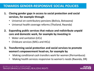 1. Closing gender gaps in access to social protection and social
services, for example through
• Universal on-contributory pensions (Bolivia, Botswana)
• Universal health coverage reforms (Thailand, Rwanda)
2. Expanding public services that reduce and redistribute unpaid
care and domestic work, for example by investing in
• Water and sanitation (LICs)
• Childcare services (MICs and HICs)
3. Transforming social protection and social services to promote
women’s empowerment head-on, for example by
• Making conditional cash transfers work for women (Pernambuco)
• Making health services responsive to women’s needs (Rwanda, DR)
TOWARDS GENDER-RESPONSIVE SOCIAL POLICIES
 