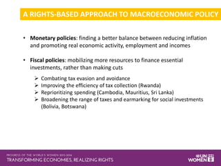 A RIGHTS-BASED APPROACH TO MACROECONOMIC POLICY
• Monetary policies: finding a better balance between reducing inflation
and promoting real economic activity, employment and incomes
• Fiscal policies: mobilizing more resources to finance essential
investments, rather than making cuts
 Combating tax evasion and avoidance
 Improving the efficiency of tax collection (Rwanda)
 Reprioritizing spending (Cambodia, Mauritius, Sri Lanka)
 Broadening the range of taxes and earmarking for social investments
(Bolivia, Botswana)
 
