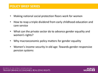 POLICY BRIEF SERIES
• Making national social protection floors work for women
• How to reap a triple dividend from early childhood education and
care service
• What can the private sector do to advance gender equality and
women’s rights?
• Why macroeconomic policy matters for gender equality
• Women's income security in old age: Towards gender-responsive
pension systems
 