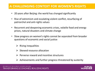 A CHALLENGING CONTEXT FOR WOMEN’S RIGHTS
• 20 years after Beijing: the world has changed significantly
• Rise of extremism and escalating violent conflict, resurfacing of
patriarchal and anti-rights values
• Recurrent and deepening economic crises, volatile food and energy
prices, natural disasters and climate change
• Slow progress on women’s rights cannot be separated from broader
questions of economic and social justice
 Rising inequalities
 Skewed resource allocation
 Perverse reward and incentive structures
 Achievements and further progress threatened by austerity
 
