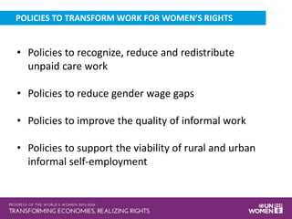 POLICIES TO TRANSFORM WORK FOR WOMEN’S RIGHTS
• Policies to recognize, reduce and redistribute
unpaid care work
• Policies to reduce gender wage gaps
• Policies to improve the quality of informal work
• Policies to support the viability of rural and urban
informal self-employment
 