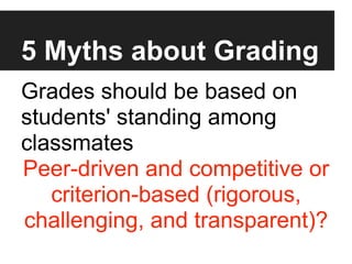 5 Myths about Grading
Grades should be based on
students' standing among
classmates
Peer-driven and competitive or
   criterion-based (rigorous,
challenging, and transparent)?
 