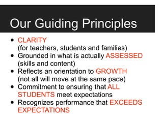 Our Guiding Principles
•   CLARITY
    (for teachers, students and families)
•   Grounded in what is actually ASSESSED
    (skills and content)
•   Reflects an orientation to GROWTH
    (not all will move at the same pace)
•   Commitment to ensuring that ALL
    STUDENTS meet expectations
•   Recognizes performance that EXCEEDS
    EXPECTATIONS
 