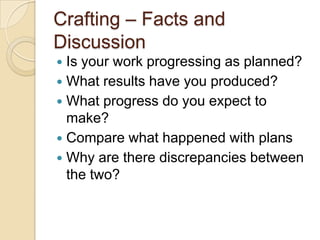 Crafting – Facts and
Discussion
 Is your work progressing as planned?
 What results have you produced?
 What progress do you expect to
  make?
 Compare what happened with plans
 Why are there discrepancies between
  the two?
 