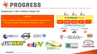 © 2013 Progress Software Corporation. All rights reserved.3
Established in 1981 in Bedford, Boston US
VISION:
Rapid creation & deployment of business applications.
Driven by data.,Unlimited by device or cloud
 