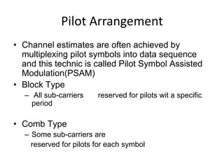 Pilot Arrangement
• Channel estimates are often achieved by
  multiplexing pilot symbols into data sequence
  and this technic is called Pilot Symbol Assisted
  Modulation(PSAM)
• Block Type
  – All sub-carriers    reserved for pilots wit a specific
    period

• Comb Type
  – Some sub-carriers are
    reserved for pilots for each symbol
 