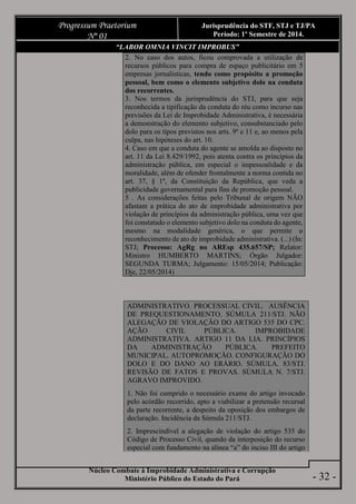 Núcleo Combate à Improbidade Administrativa e Corrupção
Ministério Público do Estado do Pará
Progressum Praetorium
Nº 01
Jurisprudência do STF, STJ e TJ/PA
Período: 1º Semestre de 2014.
- 32 -
“LABOR OMNIA VINCIT IMPROBUS”
2. No caso dos autos, ficou comprovada a utilização de
recursos públicos para compra de espaço publicitário em 5
empresas jornalísticas, tendo como propósito a promoção
pessoal, bem como o elemento subjetivo dolo na conduta
dos recorrentes.
3. Nos termos da jurisprudência do STJ, para que seja
reconhecida a tipificação da conduta do réu como incurso nas
previsões da Lei de Improbidade Administrativa, é necessária
a demonstração do elemento subjetivo, consubstanciado pelo
dolo para os tipos previstos nos arts. 9º e 11 e, ao menos pela
culpa, nas hipóteses do art. 10.
4. Caso em que a conduta do agente se amolda ao disposto no
art. 11 da Lei 8.429/1992, pois atenta contra os princípios da
administração pública, em especial o impessoalidade e da
moralidade, além de ofender frontalmente a norma contida no
art. 37, § 1º, da Constituição da República, que veda a
publicidade governamental para fins de promoção pessoal.
5 . As considerações feitas pelo Tribunal de origem NÃO
afastam a prática do ato de improbidade administrativa por
violação de princípios da administração pública, uma vez que
foi constatado o elemento subjetivo dolo na conduta do agente,
mesmo na modalidade genérica, o que permite o
reconhecimento de ato de improbidade administrativa. (...) (In:
STJ; Processo: AgRg no AREsp 435.657/SP; Relator:
Ministro HUMBERTO MARTINS; Órgão Julgador:
SEGUNDA TURMA; Julgamento: 15/05/2014; Publicação:
Dje, 22/05/2014)
ADMINISTRATIVO. PROCESSUAL CIVIL. AUSÊNCIA
DE PREQUESTIONAMENTO. SÚMULA 211/STJ. NÃO
ALEGAÇÃO DE VIOLAÇÃO DO ARTIGO 535 DO CPC.
AÇÃO CIVIL PÚBLICA. IMPROBIDADE
ADMINISTRATIVA. ARTIGO 11 DA LIA. PRINCÍPIOS
DA ADMINISTRAÇÃO PÚBLICA. PREFEITO
MUNICIPAL. AUTOPROMOÇÃO. CONFIGURAÇÃO DO
DOLO E DO DANO AO ERÁRIO. SÚMULA. 83/STJ.
REVISÃO DE FATOS E PROVAS. SÚMULA N. 7/STJ.
AGRAVO IMPROVIDO.
1. Não foi cumprido o necessário exame do artigo invocado
pelo acórdão recorrido, apto a viabilizar a pretensão recursal
da parte recorrente, a despeito da oposição dos embargos de
declaração. Incidência da Súmula 211/STJ.
2. Imprescindível a alegação de violação do artigo 535 do
Código de Processo Civil, quando da interposição do recurso
especial com fundamento na alínea “a” do inciso III do artigo
 