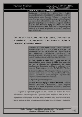 Núcleo Combate à Improbidade Administrativa e Corrupção
Ministério Público do Estado do Pará
Progressum Praetorium
Nº 01
Jurisprudência do STF, STJ e TJ/PA
Período: 1º Semestre de 2014.
- 40 -
“LABOR OMNIA VINCIT IMPROBUS”
ÍMPROBO. ELEMENTO SUBJETIVO CULPA
CARACTERIZADA. PRECEDENTES. SÚMULA 83/STJ. A
jurisprudência deste Superior Tribunal é assente em
estabelecer que o termo inicial do prazo prescricional da ação
de improbidade administrativa, no caso de reeleição de
prefeito, se aperfeiçoa após o término do segundo mandato.
(...) (In: STJ; Processo: AgRg no AREsp 161.420/TO;
Relator: Ministro HUMBERTO MARTINS; Órgão Julgador:
SEGUNDA TURMA; Julgamento: 03/04/2014; Publicação:
Dje, 14/04/2014)
2.20. DA DISPENSA NO PAGAMENTO DE CUSTAS, EMOLUMENTOS,
HONORÁRIOS E OUTRAS DESPESAS AO AUTOR DA AÇÃO DE
IMPROBIDADE ADMINISTRATIVA:
ADMINISTRATIVO. PROCESSUAL CIVIL. AGRAVO
REGIMENTAL. AÇÃO CIVIL PÚBLICA POR ATO DE
IMPROBIDADE. RECURSO ESPECIAL. NECESSIDADE
DE PREPARO. DESERÇÃO. AUSÊNCIA DE
RECOLHIMENTO. BENEFÍCIO DESTINADO APENAS
AO AUTOR DA AÇÃO. AGRAVO NÃO PROVIDO.
1. Com relação a Ação Civil Pública por ato de
improbidade, a jurisprudência do STJ é firme no sentido
de que a dispensa do adiantamento de custas,
emolumentos, honorários periciais e quaisquer outras
despesas dirige-se apenas ao autor da Ação Civil Pública.
2. Conforme a Súmula 187 do Superior Tribunal de Justiça, “é
deserto o recurso interposto para o Superior Tribunal de Justiça
quando o recorrente não recolhe, na origem, a importância das
despesas de remessa e retorno dos autos”.
3. Agravo Regimental não provido.
(In: STJ; Processo: AgRg no AREsp 450.222/MG; Relator:
Ministro HERMAN BENJAMIN; Órgão Julgador:
SEGUNDA TURMA; Julgamento: 08/04/2014; Publicação:
Dje, 18/06/2014)
Segundo o supracitado julgado do STJ, somente são isentas das custas,
emolumentos, honorários periciais e quaisquer outras despesas o autor da ação de
improbidade administrativa, o que não beneficia os Réus desta ação que devem arcar
com as despesas devidas, inclusive a título de preparo (porte de remessa e retorno dos
 