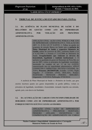 Núcleo Combate à Improbidade Administrativa e Corrupção
Ministério Público do Estado do Pará
Progressum Praetorium
Nº 01
Jurisprudência do STF, STJ e TJ/PA
Período: 1º Semestre de 2014.
- 47 -
“LABOR OMNIA VINCIT IMPROBUS”
3. TRIBUNAL DE JUSTIÇA DO ESTADO DO PARÁ (TJ/PA):
3.1. DA AUSÊNCIA DE PLANO MUNICIPAL DE SAÚDE E DO
RELATÓRIO DE GESTÃO COMO ATO DE IMPROBIDADE
ADMINISTRATIVA POR VIOLAÇÃO AOS PRINCÍPIOS
ADMINISTRATIVOS:
APELAÇÃO CÍVEL. AÇÃO CIVIL PÚBLICA POR ATO
DE IMPROBIDADE ADMINISTRATIVA. VIOLAÇÃO DO
ART. 11, II DA LEI Nº 8.429/92. 1. Falhas na gestão do
programa de atenção Básica em Saúde ante a ausência do
Plano Municipal de Saúde e respectivo Relatório de
Gestão, ambos do exercício de 2007, conforme dispõe a Lei
nº 8.142/1990 e a Portaria nº 3.332/2006 do Ministério da
Saúde. Irregularidades que violaram os deveres da
honestidade, legalidade e lealdade institucional. 2. O
apelante na qualidade de gestor do Município de Peixe Boi, no
ano de 2007, violou os princípios da legalidade, moralidade,
incorrendo na conduta do art. 11 da Lei 8.429/92,
caracterizando atos de improbidade administrativa. APELO
CONHECIDO E IMPROVIDO. DECISÃO UNÂNIME. (In:
TJ/PA; Processo: 201330107140; Acórdão: 131582; Órgão
Julgador: 1ª CÂMARA CÍVEL ISOLADA; Relator:
MARNEIDE TRINDADE PEREIRA MERABET;
Julgamento: 31/03/2014; Publicação: 07/04/2014)
A ausência de Plano Municipal de Saúde e o Relatório de Gestão, que gera
enorme incerteza quanto aos gastos despendidos na gestão pública, violam os
princípios da legalidade, moralidade e honestidade, tornando ímproba sua omissão,
agindo, pois, com desvio de finalidade.
3.2. DA ACUMULAÇÃO DE CARGOS COM INCOMPATIBILIDADE DE
HORÁRIOS COMO ATO DE IMPROBIDADE ADMINISTRATIVA POR
ENRIQUECIMENTO ILÍCITO E LESÃO AO ERÁRIO:
APELAÇÃO CÍVEL. AÇÃO DE IMPROBIDADE
ADMINISTRATIVA. PRELIMINAR REJEITADA.
PRIMEIRO APELADO: INEXISTÊNCIA DE
COMPROVAÇÃO DO ADIMPLEMENTO DA CARGA
 