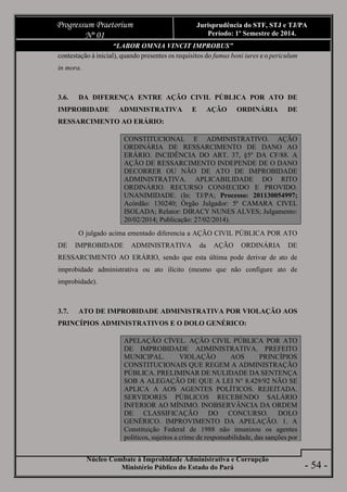 Núcleo Combate à Improbidade Administrativa e Corrupção
Ministério Público do Estado do Pará
Progressum Praetorium
Nº 01
Jurisprudência do STF, STJ e TJ/PA
Período: 1º Semestre de 2014.
- 54 -
“LABOR OMNIA VINCIT IMPROBUS”
contestação à inicial), quando presentes os requisitos do fumus boni iures e o periculum
in mora.
3.6. DA DIFERENÇA ENTRE AÇÃO CIVIL PÚBLICA POR ATO DE
IMPROBIDADE ADMINISTRATIVA E AÇÃO ORDINÁRIA DE
RESSARCIMENTO AO ERÁRIO:
CONSTITUCIONAL E ADMINISTRATIVO. AÇÃO
ORDINÁRIA DE RESSARCIMENTO DE DANO AO
ERÁRIO. INCIDÊNCIA DO ART. 37, §5º DA CF/88. A
AÇÃO DE RESSARCIMENTO INDEPENDE DE O DANO
DECORRER OU NÃO DE ATO DE IMPROBIDADE
ADMINISTRATIVA. APLICABILIDADE DO RITO
ORDINÁRIO. RECURSO CONHECIDO E PROVIDO.
UNANIMIDADE. (In: TJ/PA; Processo: 201130054997;
Acórdão: 130240; Órgão Julgador: 5ª CAMARA CIVEL
ISOLADA; Relator: DIRACY NUNES ALVES; Julgamento:
20/02/2014; Publicação: 27/02/2014).
O julgado acima ementado diferencia a AÇÃO CIVIL PÚBLICA POR ATO
DE IMPROBIDADE ADMINISTRATIVA da AÇÃO ORDINÁRIA DE
RESSARCIMENTO AO ERÁRIO, sendo que esta última pode derivar de ato de
improbidade administrativa ou ato ilícito (mesmo que não configure ato de
improbidade).
3.7. ATO DE IMPROBIDADE ADMINISTRATIVA POR VIOLAÇÃO AOS
PRINCÍPIOS ADMINISTRATIVOS E O DOLO GENÉRICO:
APELAÇÃO CÍVEL. AÇÃO CIVIL PÚBLICA POR ATO
DE IMPROBIDADE ADMINISTRATIVA. PREFEITO
MUNICIPAL. VIOLAÇÃO AOS PRINCÍPIOS
CONSTITUCIONAIS QUE REGEM A ADMINISTRAÇÃO
PÚBLICA. PRELIMINAR DE NULIDADE DA SENTENÇA
SOB A ALEGAÇÃO DE QUE A LEI N° 8.429/92 NÃO SE
APLICA A AOS AGENTES POLÍTICOS. REJEITADA.
SERVIDORES PÚBLICOS RECEBENDO SALÁRIO
INFERIOR AO MÍNIMO. INOBSERVÂNCIA DA ORDEM
DE CLASSIFICAÇÃO DO CONCURSO. DOLO
GENÉRICO. IMPROVIMENTO DA APELAÇÃO. 1. A
Constituição Federal de 1988 não imunizou os agentes
políticos, sujeitos a crime de responsabilidade, das sanções por
 