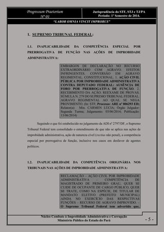 Núcleo Combate à Improbidade Administrativa e Corrupção
Ministério Público do Estado do Pará
Progressum Praetorium
Nº 01
Jurisprudência do STF, STJ e TJ/PA
Período: 1º Semestre de 2014.
- 5 -
“LABOR OMNIA VINCIT IMPROBUS”
1. SUPREMO TRIBUNAL FEDERAL:
1.1. INAPLICABILIDADE DA COMPETÊNCIA ESPECIAL POR
PRERROGATIVA DE FUNÇÃO NAS AÇÕES DE IMPROBIDADE
ADMINISTRATIVA:
EMBARGOS DE DECLARAÇÃO NO RECURSO
EXTRAORDINÁRIO COM AGRAVO. EFEITOS
INFRINGENTES. CONVERSÃO EM AGRAVO
REGIMENTAL. CONSTITUCIONAL. 1. AÇÃO CIVIL
PÚBLICA POR IMPROBIDADE ADMINISTRATIVA
CONTRA DEPUTADO FEDERAL: AUSÊNCIA DE
FORO POR PRERROGATIVA DE FUNÇÃO. 2.
RECEBIMENTO DA AÇÃO. REEXAME DE PROVAS.
SÚMULA N. 279 DO SUPREMO TRIBUNAL FEDERAL.
AGRAVO REGIMENTAL AO QUAL SE NEGA
PROVIMENTO. (In: STF; Processo: ARE nº 806293 ED;
Relator(a): Min. CÁRMEN LÚCIA; Órgão Julgador:
Segunda Turma; Julgamento: 03/06/2014; Publicação:
13/06/2014)
Seguindo o que foi estabelecido no julgamento da ADI nº 2797/DF, o Supremo
Tribunal Federal tem consolidado o entendimento de que não se aplica nas ações de
improbidade administrativa, ação de natureza cível (rectius não penal), a competência
especial por prerrogativa de função, inclusive nos casos em desfavor de agentes
políticos.
1.2. INAPLICABILIDADE DA COMPETÊNCIA ORIGINÁRIA NOS
TRIBUNAIS NAS AÇÕES DE IMPROBIDADE ADMINISTRATIVA:
RECLAMAÇÃO – AÇÃO CIVIL POR IMPROBIDADE
ADMINISTRATIVA – COMPETÊNCIA DE
MAGISTRADO DE PRIMEIRO GRAU, QUER SE
CUIDE DE OCUPANTE DE CARGO PÚBLICO, QUER
SE TRATE, COMO NA ESPÉCIE, DE TITULAR DE
MANDATO ELETIVO (PREFEITO MUNICIPAL)
AINDA NO EXERCÍCIO DAS RESPECTIVAS
FUNÇÕES – RECURSO DE AGRAVO IMPROVIDO. –
O Supremo Tribunal Federal tem advertido que,
 